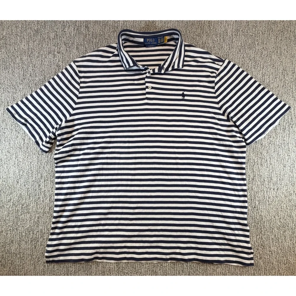 Polo Ralph Lauren Polo Shirt Men XXL‎ Navy Blue White Striped Classic Fit SS